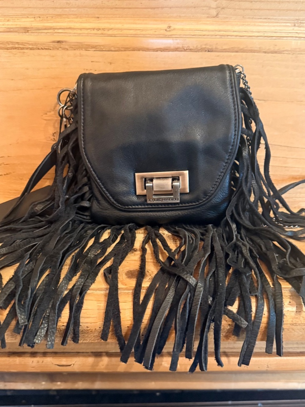 NWT- TYLIE MALIBU BLACK LEATHER FRINGE CROSSBODY BAG